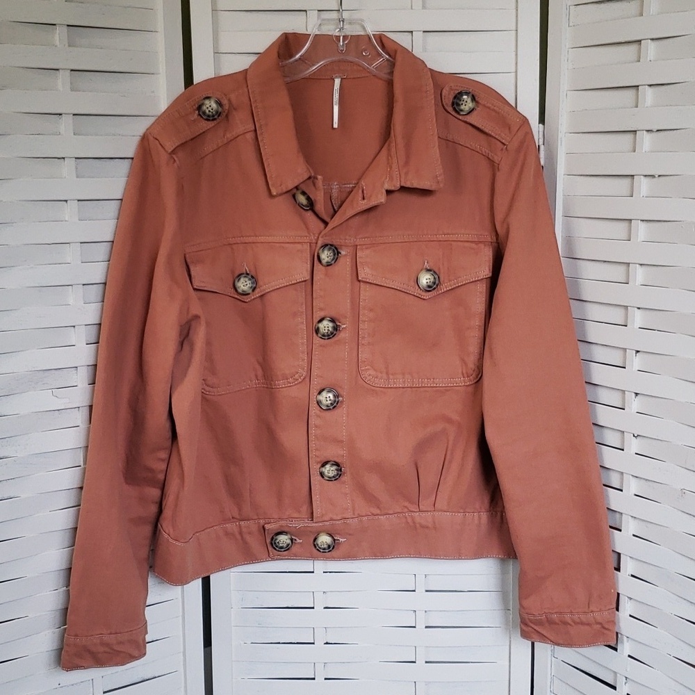 Free People Burnt Orange Big Button Down Denim Women's Jacket Size Large